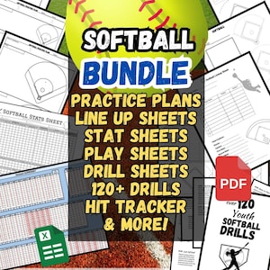 Op de afbeelding: Een softbalbundelafbeelding met een grote gele softbal en de tekst "SOFTBALL BUNDLE". Bevat oefenplannen, statistiekbladen, oefenbladen en meer. Bevat 80+ digitale download PDF-vellen, 21,6 x 27,9 cm, en 1 Excel-bestand.
