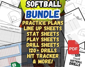Softball BUNDLE including Practice Plans, Stat Sheets, Line up Sheets, 120+ Drills, Drill Sheets, Field Sheet, Hit Tracker, &more!