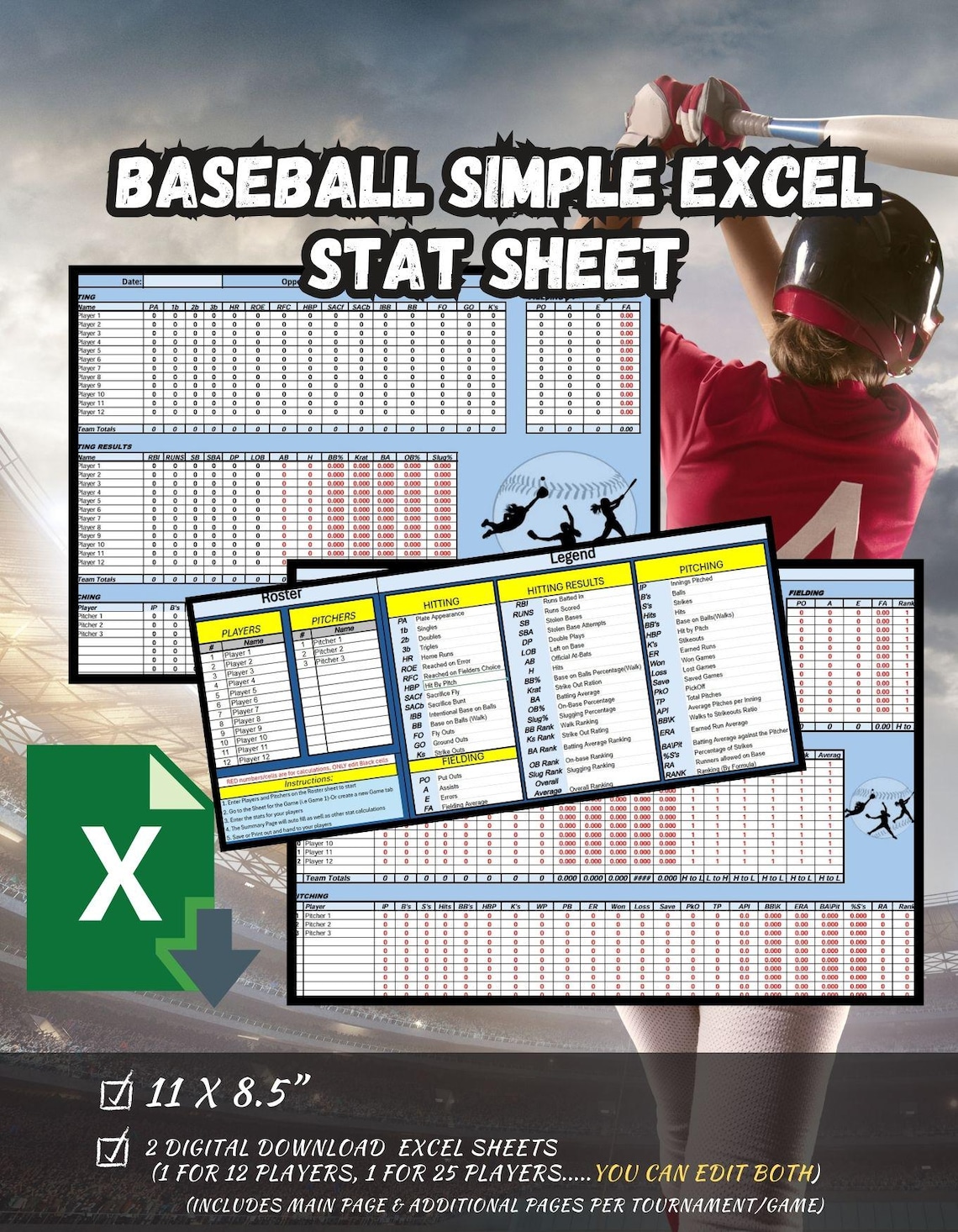 Baseball Statistics Simple Excel Sheet / Excel File Digital Download ...