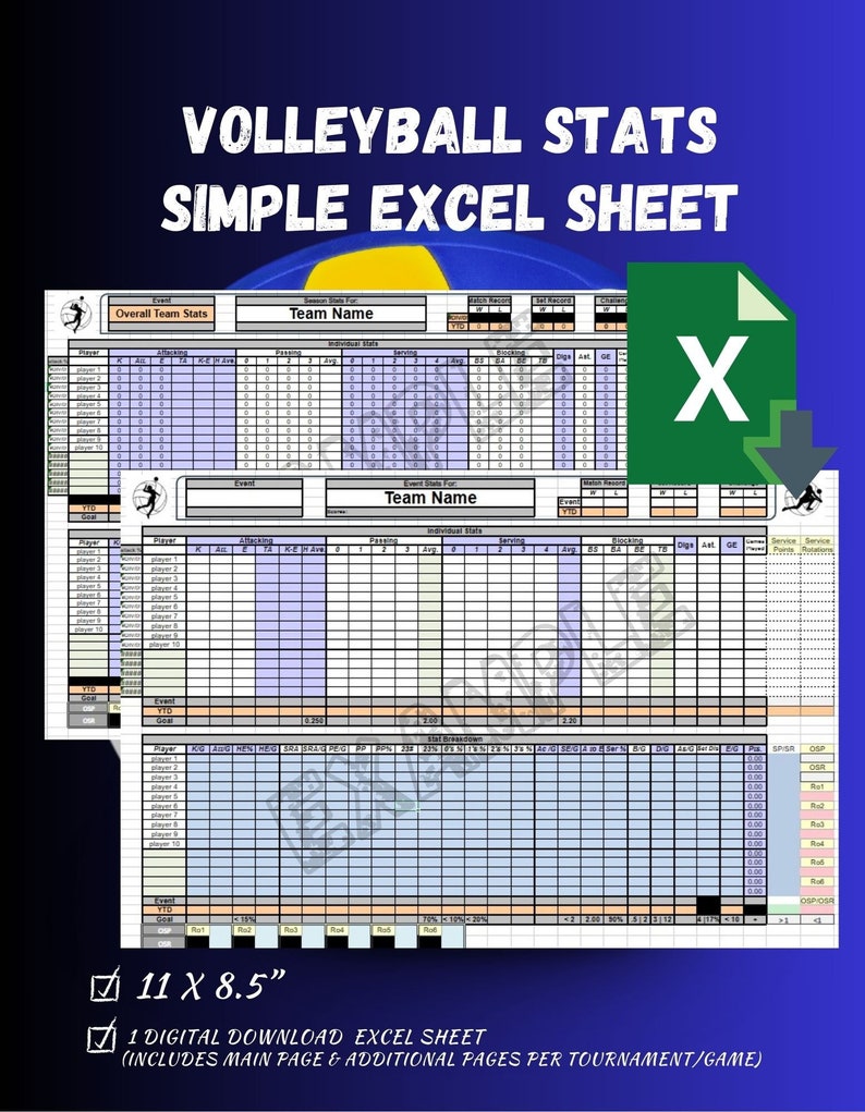 Volleyball Statistics Simple Excel Sheet / Excel File Digital Download