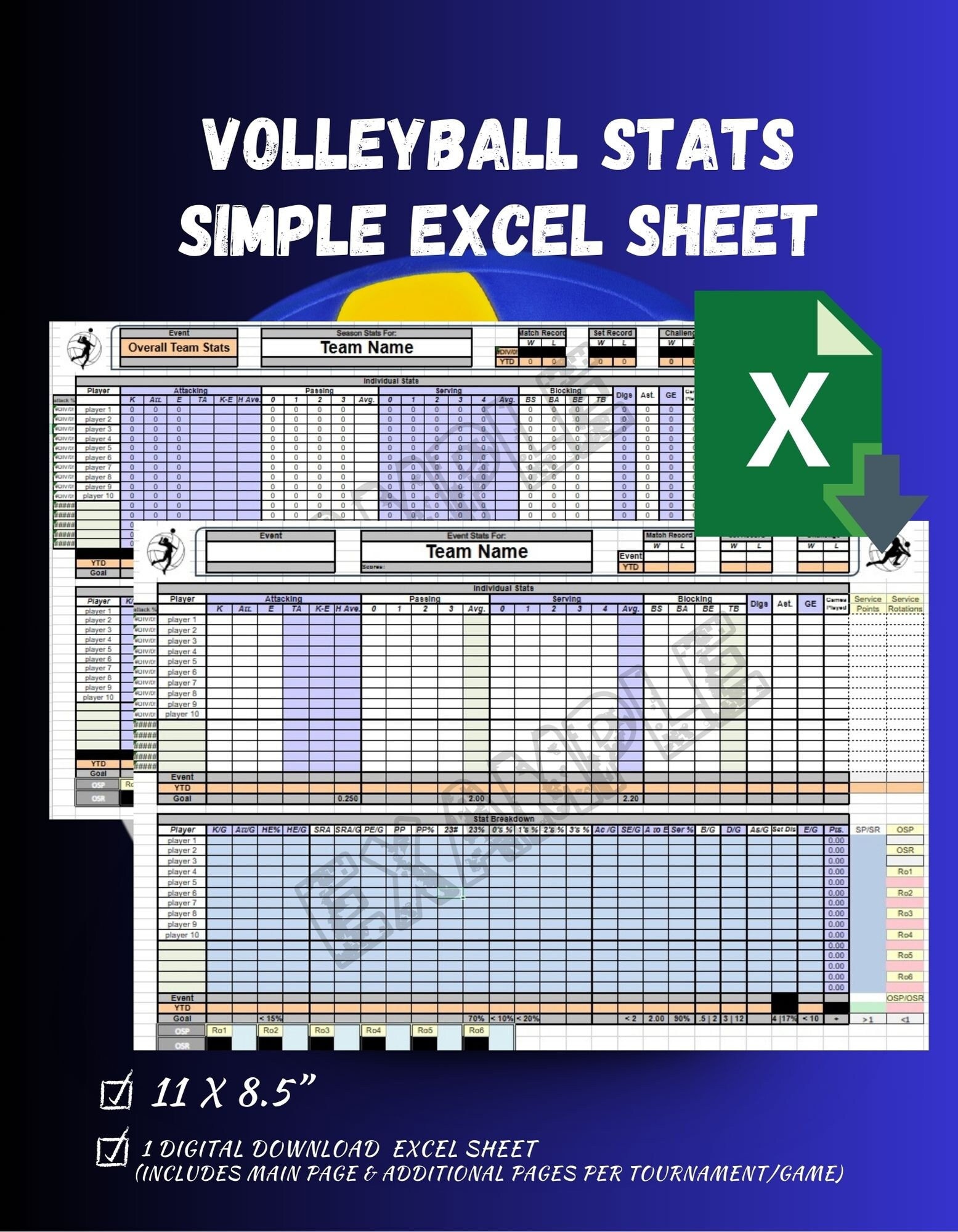 Volleyball Statistics Simple Excel Sheet / Excel File Digital Download