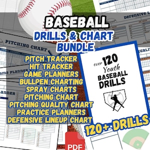 May include: A baseball-themed digital download bundle featuring charts and drills. The image includes a baseball, text that reads "Baseball Drills & Chart Bundle", and various charts for tracking and planning. The bundle includes over 120 youth baseball drills.