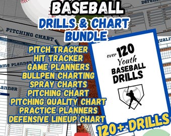 May include: A digital download bundle with baseball charts and drills. The image shows a baseball and text that reads "Baseball Drills & Chart Bundle". The bundle includes charts for tracking and planning, and over 120 youth baseball drills. The PDF sheets are 11 x 8.5 inches.