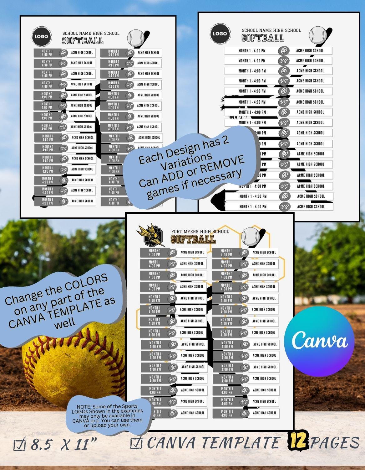 Editable SOFTBALL Schedule Template | 6 Designs, 2 Variations per ...