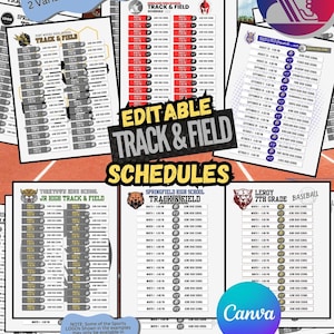 Op de afbeelding: Een verzameling bewerkbare atletiekschema's, met verschillende ontwerpen en lay-outs. De sjablonen zijn ontworpen voor gebruik in Canva en zijn 21,59 cm x 27,94 cm groot. De afbeelding bevat de tekst "Editable Track & Field Schedules" en "Canva Template 12 Pages".