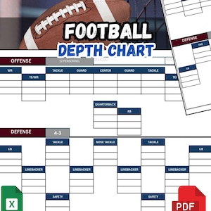 May include: A football depth chart with the words "Football Depth Chart" in large letters. The chart includes sections for offense and defense, with spaces for player positions. The image also includes a football and the text "8.5 X 11" and "1 Excel File 2 PDF Files".
