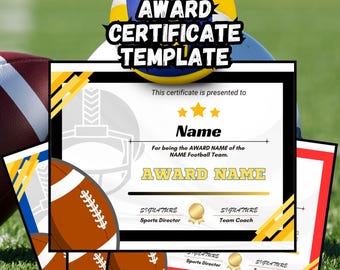 Puede incluir: Plantilla de certificado de premio de fútbol imprimible con un esquema de color amarillo, negro y blanco. La plantilla incluye un gráfico de fútbol, un espacio para el nombre del destinatario y el nombre del premio. También incluye espacios para las firmas del director deportivo y del entrenador del equipo. El texto "11 x 8,5" y "1 plantilla de descarga digital" se encuentra en la parte inferior de la plantilla.