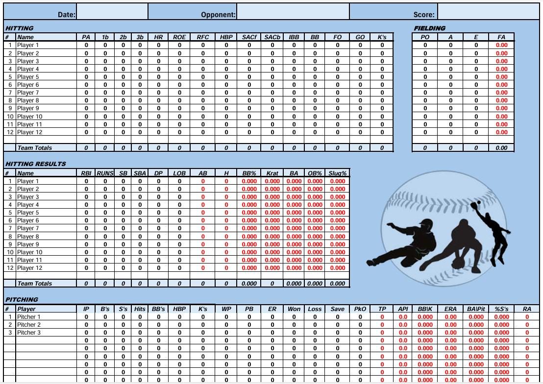 Baseball Statistics Simple Excel Sheet / Excel File Digital Download ...