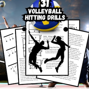 May include: A printable PDF digital download of 31 volleyball hitting drills. The drills are illustrated with black and white diagrams of volleyball players. The document is 8.5 inches by 11 inches and contains 14 pages.