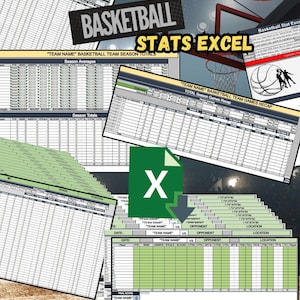 Puede incluir: Un archivo Excel digital de estadísticas de baloncesto con múltiples hojas. La imagen presenta una pelota de baloncesto, un aro y varias hojas de cálculo con tablas de datos. El texto incluye "BASKETBALL STATS EXCEL" y "1 EXCEL FILE - MULTIPLE SHEET S".