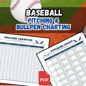 Op de afbeelding: Honkbal pitching- en bullpen-grafiekbladen met een honkbalafbeelding. De vellen zijn 21,6 x 27,9 cm en beschikbaar als digitale download PDF. De titel "Baseball Pitching & Bullpen Charting" wordt vetgedrukt weergegeven.