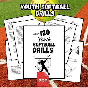 以下が含まれることがあります： 120種類以上のユースソフトボールドリルをデジタルダウンロードできます。表紙には、赤いステッチの入ったソフトボールと、バットを振る女の子のシルエットが描かれています。「over 120 Youth Softball Drills」というテキストは、白黒のフォントで書かれています。ダウンロードは8.5 x 11インチで、50枚のPDFシートが含まれています。