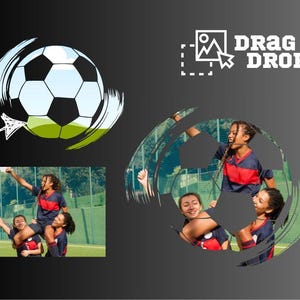 May include: Three girls are playing soccer on a green field. One girl is holding a soccer ball and is being lifted up by another girl. The third girl is standing behind them. The image is a drag and drop activity.