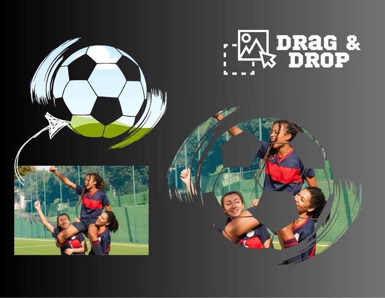 May include: Three girls are playing soccer on a green field. One girl is holding a soccer ball and is being lifted up by another girl. The third girl is standing behind them. The image is a drag and drop activity.