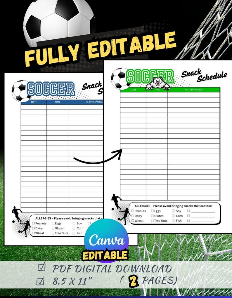 Editable SOCCER Snack Schedule | Team Sign-up Sheet Template | Game Day ...