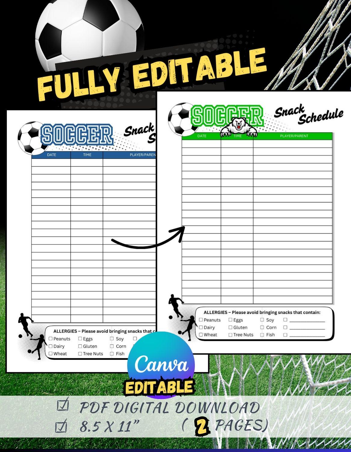 Editable SOCCER Snack Schedule Team Signup Sheet Template Game Day