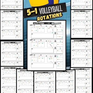 May include: A digital PDF download featuring 12 pages of 5-1 volleyball rotation diagrams. The title "5-1 Volleyball Rotations" is displayed above the diagrams. The diagrams are on 8.5 x 11 inch pages. A volleyball graphic is in the background.