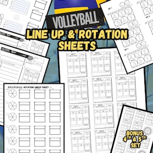 Könnte beinhalten: Eine Sammlung von druckbaren Volleyball-Aufstellungs- und Rotationsblättern. Die schwarz-weißen Blätter enthalten Felder für Spielernamen, Satzinformationen und Rotationsdiagramme. Der Text "Volleyball Line Up & Rotation Sheets" ist zu sehen. Die Blätter sind 21,59 x 27,94 cm groß und als PDF-Download verfügbar.