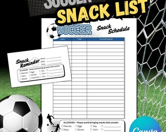Editable SOCCER Snack Schedule | Team Sign-Up Sheet Template | Game Day Snack List for Coaches, Team Moms & SOCCER Parents