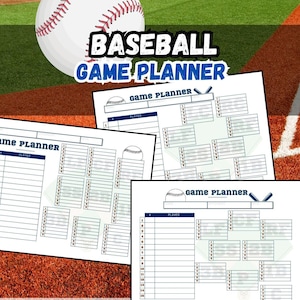 May include: A baseball game planner with the text "BASEBALL GAME PLANNER" in black and blue. The image includes a baseball and several white sheets with game planning templates. The sheets are 27.9 x 21.6 cm.