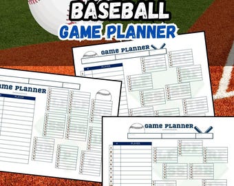 May include: A baseball game planner with the text "BASEBALL GAME PLANNER" in black and blue. The image includes a baseball and several white sheets with game planning templates. The sheets are 27.9 x 21.6 cm.