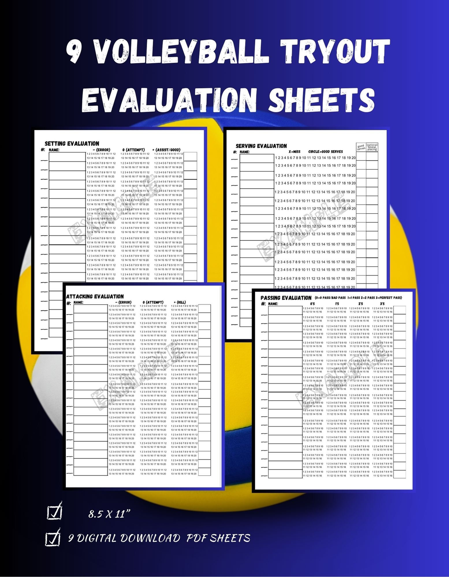 9 Volleyball Tryout Evaluation Sheets 8.5x11" Digital Download