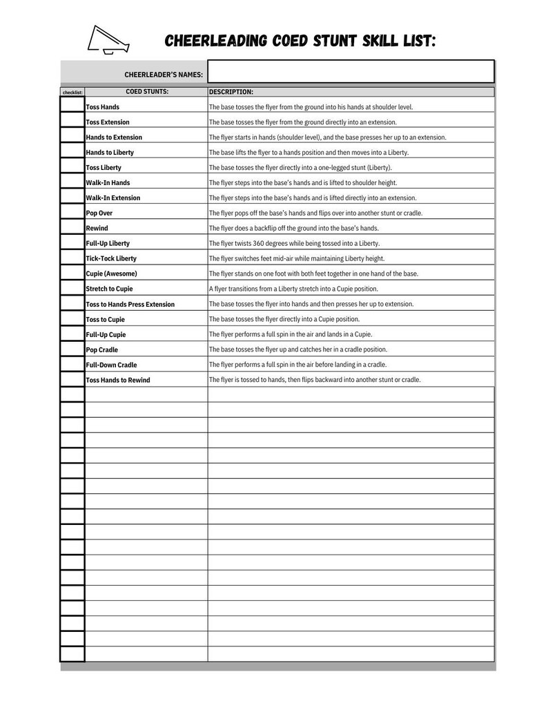 Cheerleading Skills List Sheets 11 X 8.5
