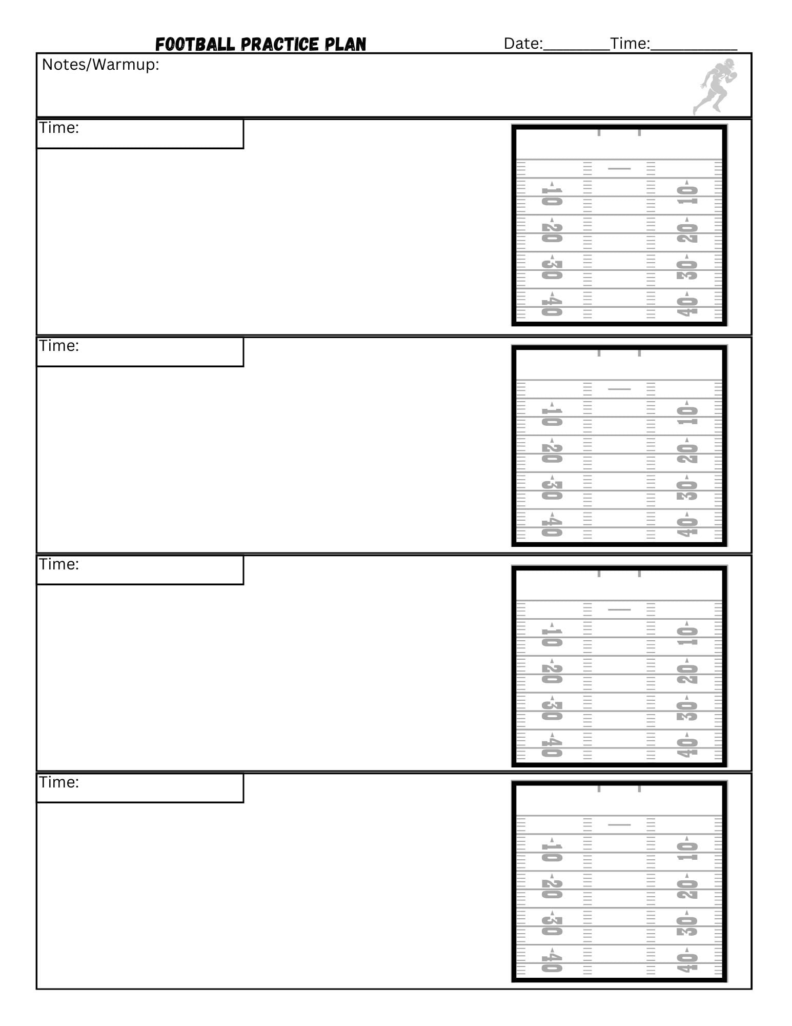 Football Field Practice Plan Sheets for Coach or Player 8.5x11 6 in Football Field Practice Plan Sheets for Coach or Player 8.5x11 6 in