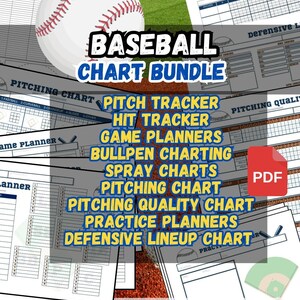 May include: A baseball chart bundle with a baseball and a green field background. The bundle includes a pitch tracker, hit tracker, game planners, bullpen charting, spray charts, and more. The bundle is 11 x 8.5 inches and includes 14 digital PDF sheets.