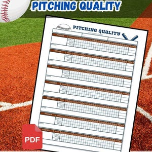 Op de afbeelding: Een digitale PDF-sheet om te downloaden, getiteld "PITCHING QUALITY". De A4-sheet bevat ruimtes om pitch, kwaliteit, ballen en wilde worpen te registreren. De achtergrond toont een honkbal en een honkbalveld.
