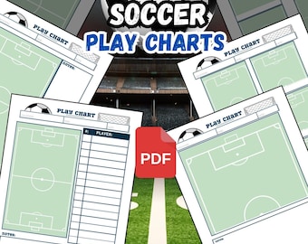 May include: Soccer play charts with a soccer ball graphic and the text "SOCCER PLAY CHARTS". The charts are green and white, with a soccer field layout. The image also includes the text "8.5 X 11" and "DIGITAL DOWNLOAD PDF SHEETS".