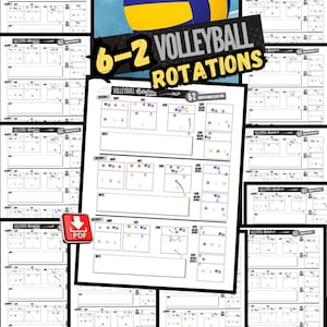 May include: A digital PDF download of 12 pages showing 6-2 volleyball rotation diagrams. The diagrams are on white paper, with a volleyball in the background. The text "6-2 Volleyball Rotations" is displayed. The paper size is 21.59 cm x 27.94 cm.