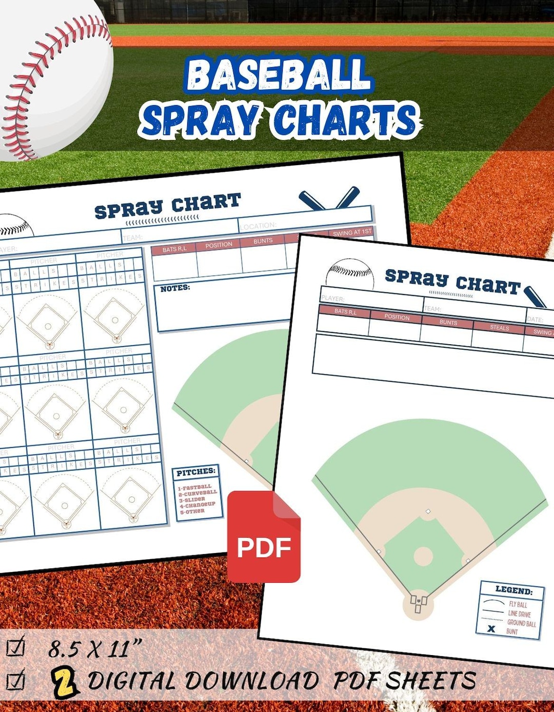 Baseball SPRAY Chart Stat Sheets / 2 PDF File Digital Downloads ...