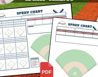 May include: Two baseball spray chart PDFs with a baseball graphic and the text "BASEBALL SPRAY CHARTS". The charts include fields for player stats, positions, and notes. The PDF sheets are 21.59 cm x 27.94 cm.
