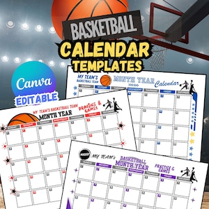 May include: Basketball calendar templates with a basketball graphic and the text "Basketball Calendar Templates". The image includes three editable Canva templates, each with a monthly calendar layout. The templates are 21.59 x 27.94 cm.