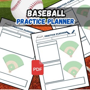 May include: A baseball practice planner with a baseball graphic and the text "BASEBALL PRACTICE PLANNER". The planner includes fields for location, drill, and notes, and a baseball field graphic. The image also includes a baseball and the text "8.5 X 11" and "3 DIGITAL DOWNLOAD PDF SHEETS".