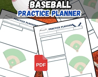 May include: A baseball practice planner with the text "BASEBALL PRACTICE PLANNER" and a baseball graphic. The planner includes fields for location, drill, and notes, and a baseball field graphic. The image also includes a baseball and the text "8.5 X 11" and "3 DIGITAL DOWNLOAD PDF SHEETS".