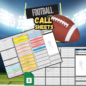 以下が含まれることがあります： フットボールのグラフィックが入ったデジタルフットボールコールシート。シートのサイズは27.9 x 21.6 cmで、Excelのデジタルダウンロードです。画像にはフットボールと「Football Call Sheets」の文字が含まれています。シートには色付きのセクションがあり、緑色の背景にあります。