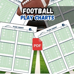 May include: A digital download of football play charts. The image features multiple sheets with a green field design, a football, and the text "FOOTBALL PLAY CHARTS." The sheets are 8.5 x 11 inches and are PDF format.