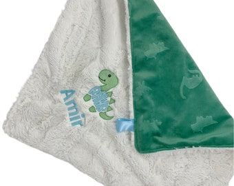 Personalized baby blanket, dinosaur lovey blanket- security blanket 17”x17” Minky blanket customized