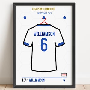 England Women&#39;s Euro Champions Football Player Personalised Shirt Print - Euro 2025 - England Women&#39;s Team Football Gift/Poster