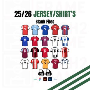Puede incluir: Imagen de 20 camisetas de fútbol de varios colores, cada una con el número 9. El texto "25/26 JERSEY/SHIRT'S Blank Files" está en la parte superior. Las camisetas están dispuestas en una cuadrícula.