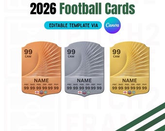 Tarjetas de jugador de fútbol 2026 personalizables en blanco / 3 diseños - Plantilla de descarga digital (editable en Canva)
