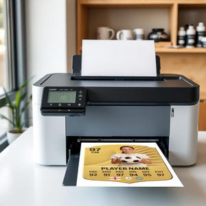 May include: A Canon printer in white and black, printing a football trading card. The card displays a player image, the text "PLAYER NAME", and stats. The card shows a 97 cm rating. The printer's display shows the number 18.