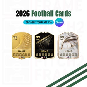 Op de afbeelding: Drie voetbalkaartontwerpen met de tekst "2026 Football Cards". Elke kaart heeft een "99" rating en ruimte voor de naam en statistieken van een speler. De kaarten zijn goud, zwart en wit met decoratieve elementen.