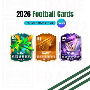 May include: Three football card designs for 2026. Each card displays player stats, including PAC, SHO, PAS, DRI, DEF, and PHY, with a rating of 99. The cards have a CAM position and are editable via Canva.