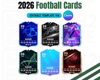 Tarjetas de jugador de fútbol 2026 personalizables en blanco / 6 diseños - Plantilla de descarga digital (editable en Canva)