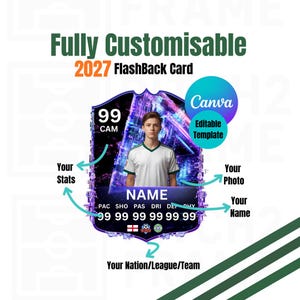 May include: A fully customizable 2027 FlashBack card template featuring a central portrait of a person in a white jersey. The design includes placeholders for stats, name, photo, and team details, with a dark purple and blue neon background.