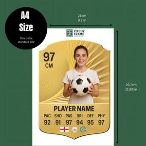 May include: A4 print with a soccer player card design. The card features a woman holding a soccer ball against a gold background. The card is 21cm wide and 29.7cm tall. The card has the text "PLAYER NAME".