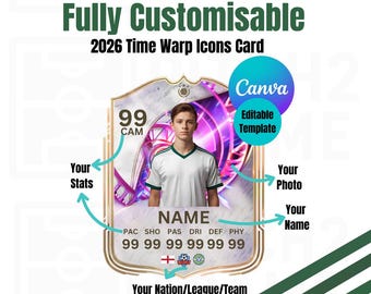 Blank Personalisable 2026 Football Team Player Time Warp Icons Card - Digital Download Template (editable via Canva )